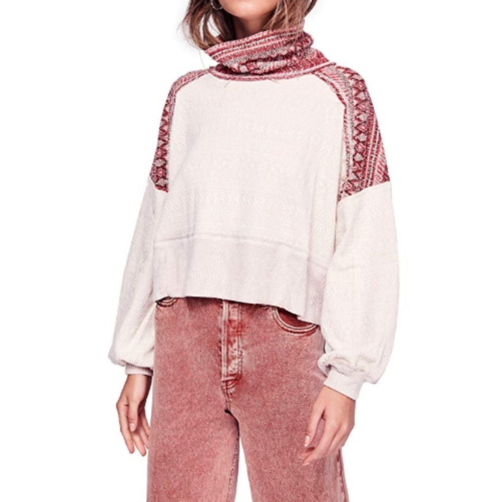 NWT Free People At the Lodge Cowl Neck Sweater Pullover XS Cream Red